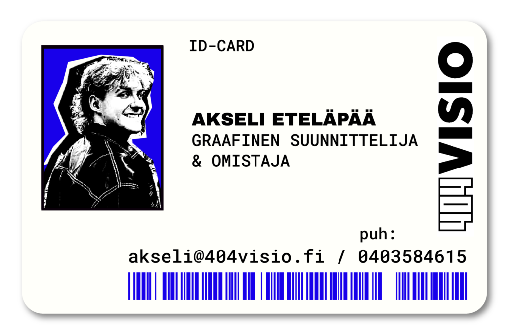 ID-card graafisen suunnittelijan Akseli Eteläpään yhteystiedoilla