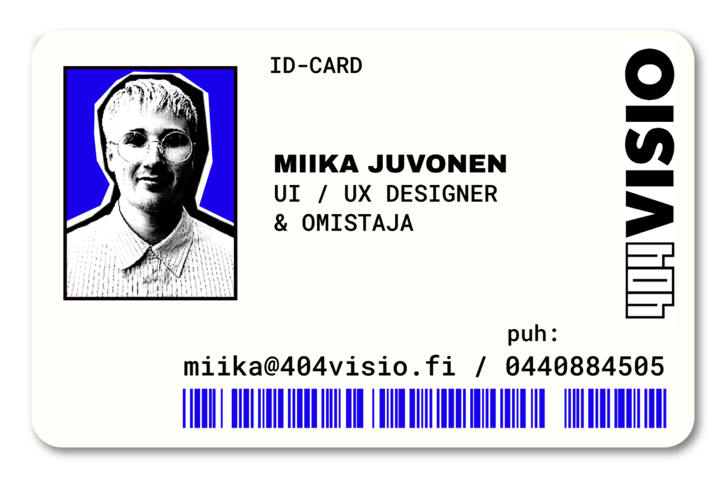 ID-card UX/UI designer Miika Juvosen yhteystiedoilla etusivulla ja yhteystiedot-sivulla